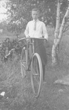 PROUD YOUNG BOY IN SHIRT &amp; TIE WITH BICYCLE~1910s REAL PHOTO POSTCARD - £3.90 GBP