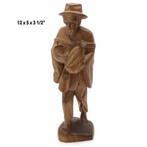 Hand Carved Old Man Boho Traveler With Backpack Wood Sculpture 12&quot; Vintage - £39.49 GBP
