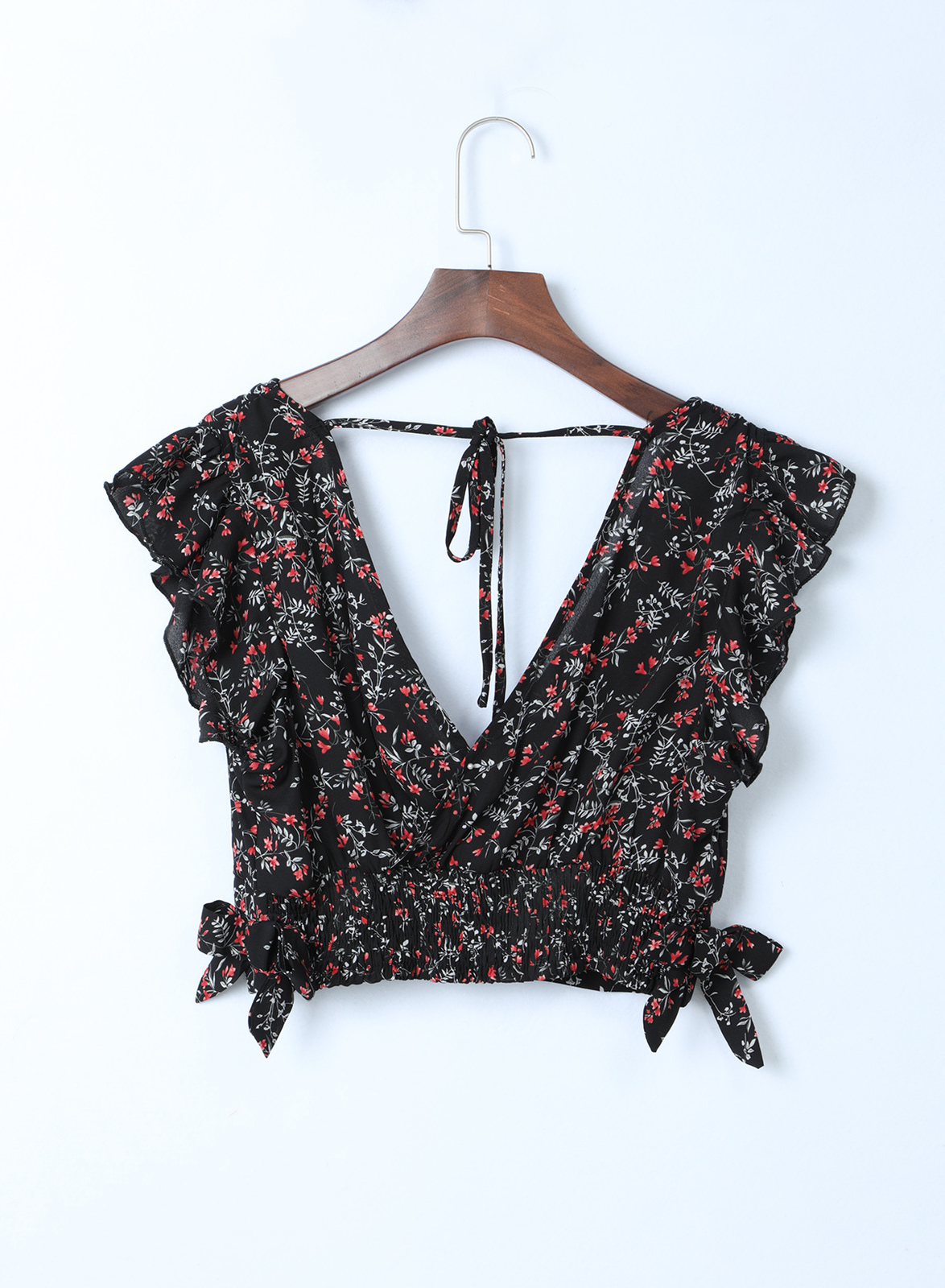 Black Multicolor Floral Ruffled Crop Top and Maxi Skirt Set Item image 3