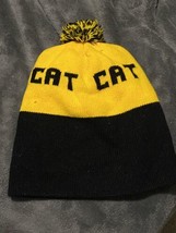 Vintage CAT Caterpillar Pom Pom Beanie Stocking Cap Winter Hat Yellow Black - £21.93 GBP