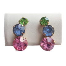 Vtg Gold Tone Tricolor Rainbow 3 Round Rhinestone Screw Back Curved Earrings - £10.30 GBP