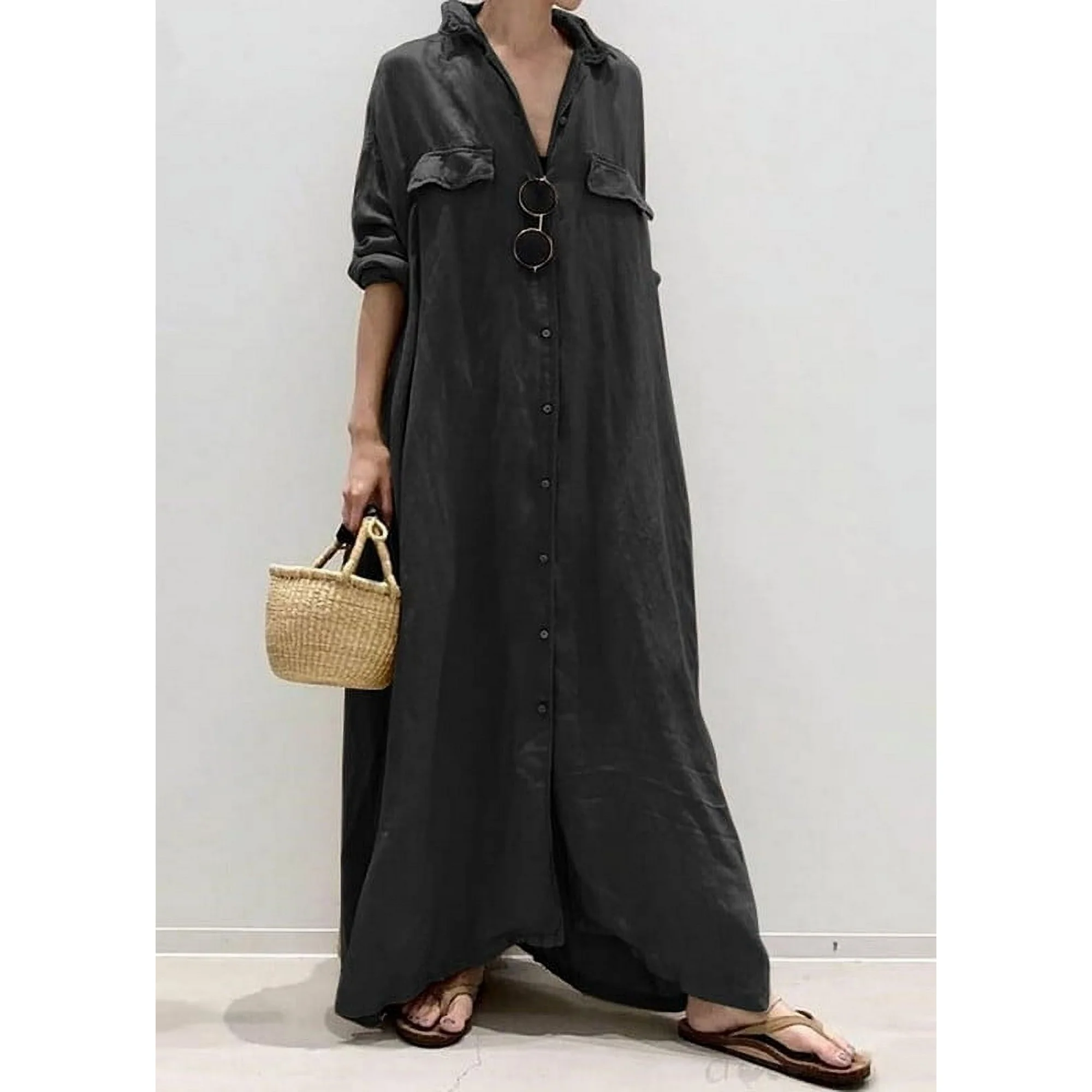 Chouyatou Women&#39;s Casual Long Sleeve Maxi Shirt Dress Loose Fit Cotton B... - $22.00