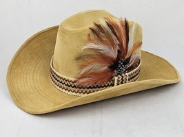 Vintage YA Cowboy Hat Size Small 6 3/4 6 7/8 Gold Velvet Orange Feather Band - £42.63 GBP