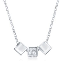 Center CZ Block with Side Shiny Blocks Necklace - Rhodium Plated - £35.04 GBP