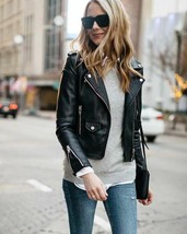 Ladies biker motorcycle leather jacket Women Black moto leather jacket #12 - £92.57 GBP+