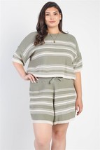 Women&#39;s Plus Size Olive Striped Crop Top High Waist Short Set (2XL) - $51.48