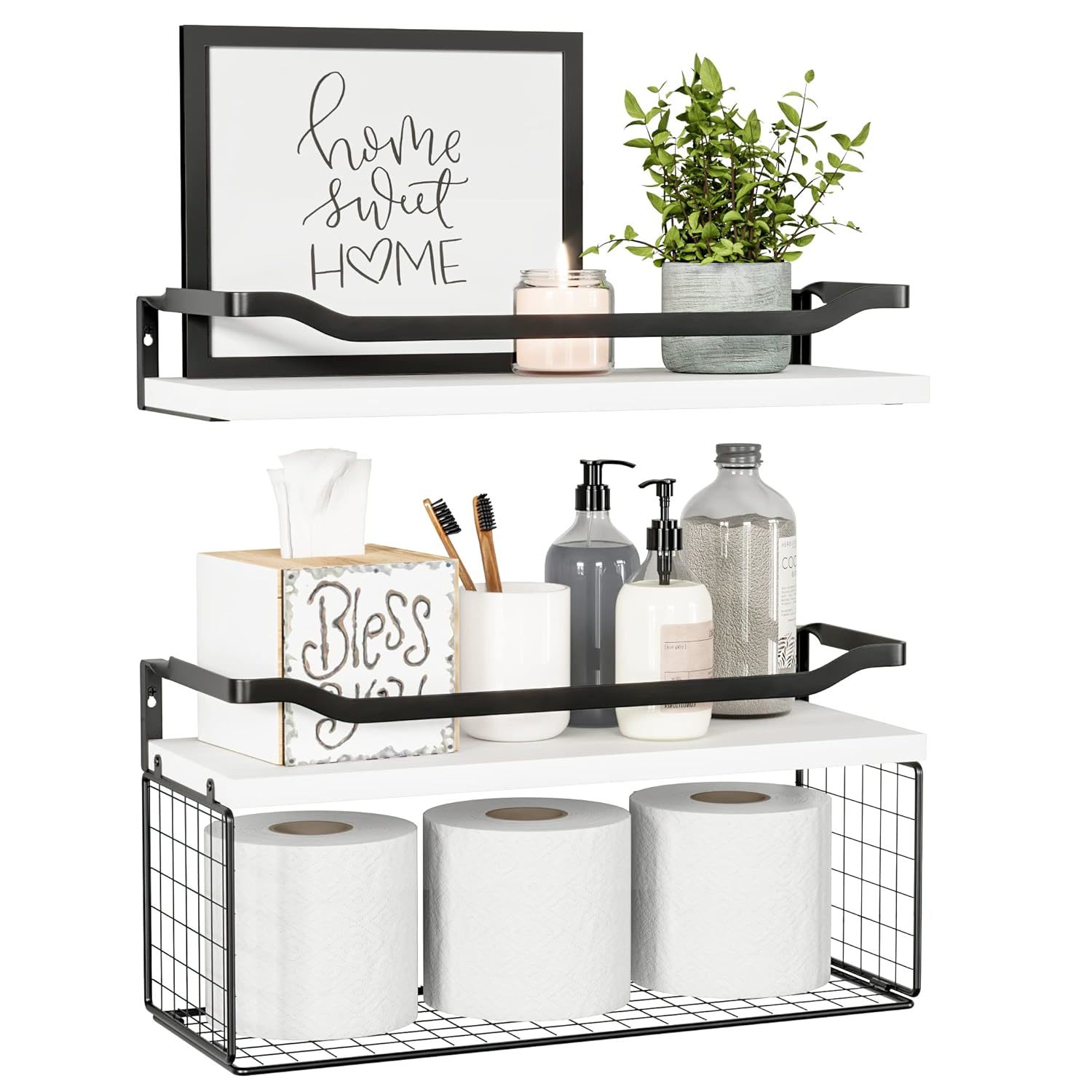 Primary image for Floating Shelves With Wire Storage Basket, Bathroom Shelves Over Toilet With Pro