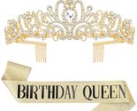 Gold Sash Rhinestone Tiara Set for Women ,HAPPY Birthday Queen Sash Quin... - $14.04