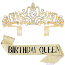 Gold Sash Rhinestone Tiara Set for Women ,HAPPY Birthday Queen Sash Quinceanera - £14.72 GBP