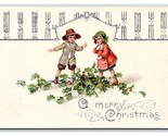 Children Playing Holly Merry Christmas Silver Foil Embossed UNP DB Postc... - $6.88