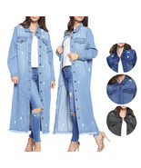 Women&#39;s Oversize Long Button Up Distressed Cotton Denim Classic  Jean Ja... - £33.61 GBP