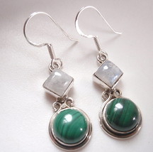 Malachite and Moonstone Two-Gem 925 Sterling Silver Dangle Earrings Corona Sun - £18.16 GBP