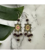 Vintage 70s Chandelier Earrings Gold Red Rose Floral Beaded Dangle Delicate - $19.79