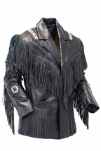 Men Western Wear Cowhide Black Leather Fringe Coat Jacket Beaded Braid WCB110 - £126.80 GBP