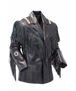 Men Western Wear Cowhide Black Leather Fringe Coat Jacket Beaded Braid W... - £125.62 GBP