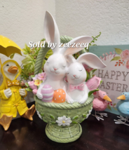 Easter Bunny Rabbit Couple Sitting inside Footed Basket Figurine Figure New - $39.99