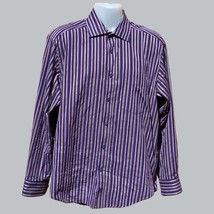 Bugatchi Uomo Mens Luxury Designer Long Sleeve Navy Striped Cotton Shirt Large - £30.29 GBP