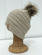 Beige Cable Knit Winter Warm Beanie Hat With Faux Fur Pom Pom Soft Stretchy # L  - £14.40 GBP