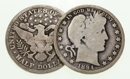 Lot of 2 Barber Half Dollars (1895-O and 1894) in Good Condition, Natural Color - £65.78 GBP