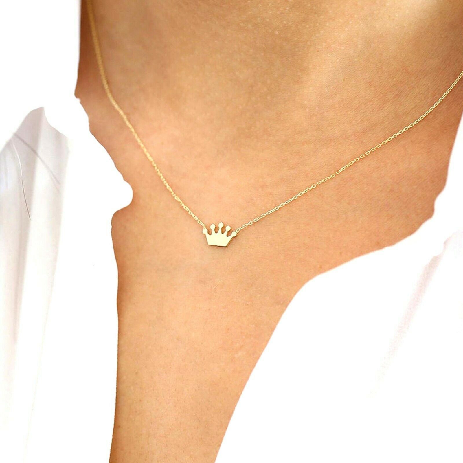 14K Yellow Gold Over Dainty Tiara Crown Charm Pendant Necklace 18&quot; Chain - $37.39