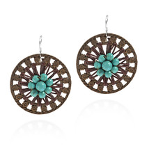 Antique Round Flower Brass Turquoise .925 Silver Earrings - £7.93 GBP