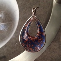Huge Blue Bronze Flecks Glass Teardrop Pendant - $13.86