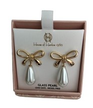 Viral Tik Tok House of Harlow Glass Pearl Bow Drop Earrings Lead Safe Gold Tone - £20.22 GBP