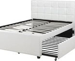 Benjara Gracious Wooden Full Bed With Trundle And SQU Tufted HB, White - $815.99