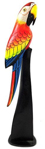 Red Wooden Parrot Sculpture Statue on Post Stand Handmade Tropical African Parro