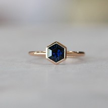 Natural Blue Sapphire Promise Ring, 14K Rose Gold Plated Hexagon Cut Jewelry - £47.62 GBP