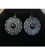 Vintage Black Onyx &amp; Oxidized Silver Round Filigree Earrings - $32.49 CAD