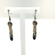 Vintage Sterling Silver Southwest Inlay Colorful Enamel Feather Dangle Earrings - £42.81 GBP