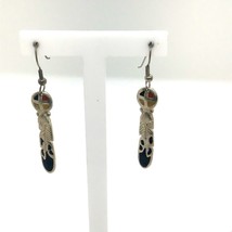 Vintage Sterling Silver Southwest Inlay Colorful Enamel Feather Dangle Earrings - £43.47 GBP