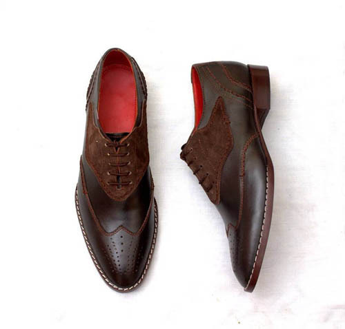 Men's Brown Color Suede Leather Wing Tip Brogue Toe Patent Handmade Laceup Shoes