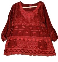 JOHNNY WAS Embroidered Burgundy Lace Blouse Top Tunic 3/4 Roll Tab Sleeve M/L  - £59.17 GBP