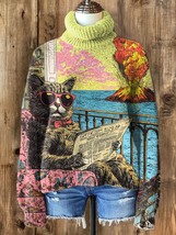 Women&#39;s  Cat Reading Newspaper In A Stable Mental State Print High Neck ... - $32.00