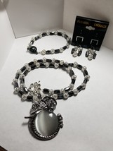 Black &amp; Silver Elephant Head Necklace, Bracelet and Earrings Set - £49.78 GBP