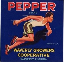 PEPPER Brand Florida Citrus Fruit Box Label Track Runner Waverly Growers - £11.66 GBP