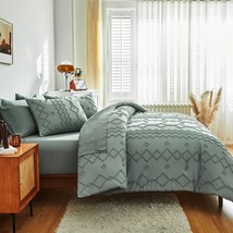 Green Tufted Bed In A Bag Queen ,Geometry Embroidery Comforter Set 7 Pieces,Boho - £80.65 GBP