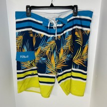NONWE Swim Trunks Board Shorts Size 38x7 Drawstring Palm Leaf Print Blue... - $19.32 CAD