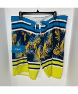 NONWE Swim Trunks Board Shorts Size 38x7 Drawstring Palm Leaf Print Blue... - $19.28 CAD