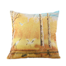 home decorative golden forest pattern imitation linen sofa back cushion pillow  - £10.93 GBP