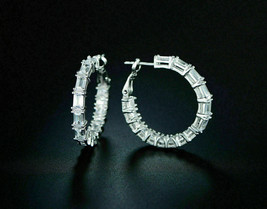 1.25CT Emerald Cut Diamond 14k White Gold Over Snap Closure Hoop Women Earrings - £71.96 GBP