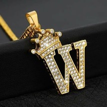 1.25Ct Real Moissanite Crown Initial Letter &quot;W&quot; Pendant 14K Yellow Gold Plated - £104.62 GBP