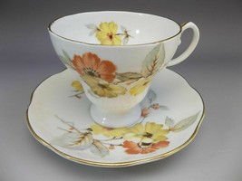 Heathcote Tea Cup Saucer Set English Bone China Orange Yellow Flowers - £10.84 GBP