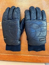 Vintage Hot Fingers Navy Blue Leather Thick Winter Ski Gloves Womens Size L or M - £11.86 GBP