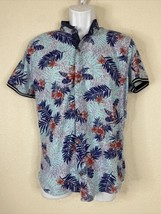 Fiffers Men Size M Blue Floral Tropical Leaves Button Up Shirt Short Sleeve - £8.48 GBP