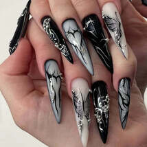24Pcs Black Fake Nails with Diamond Halloween Long Almond False Nail But... - $7.00+