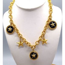 Textured Links Bib Necklace with Dangling Star Charms, Gold Tone and Navy Blue - £28.16 GBP