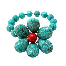 Beautiful Flower in Blue Turquoise w/ Red Coral Round Beaded Bracelet - £13.48 GBP